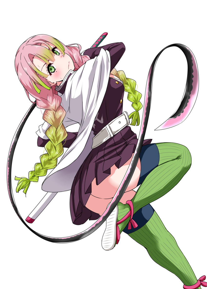 1girl, ass, belt, braid, cape, closed_mouth, dutch_angle, from_side
