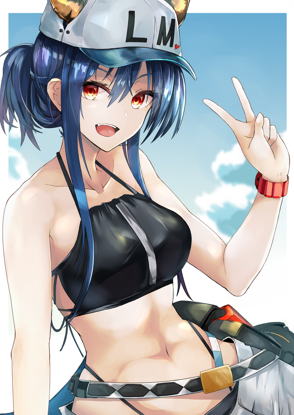 1girl, :d, akasabi, arknights, bangs, bare_arms, bare_shoulders, baseball_cap, bikini, black_bikini, blue_hair, breasts, ch'en_(arknights), collarbone, commentary_request, dragon_horns, folded_ponytail, hair_between_eyes, halterneck, hand_up, hat, highleg, highleg_bikini, highres, horns, horns_through_headwear, long_hair, looking_at_viewer, medium_breasts, navel, open_mouth, red_eyes, sidelocks, smile, solo, stomach, swimsuit, v, white_headwear