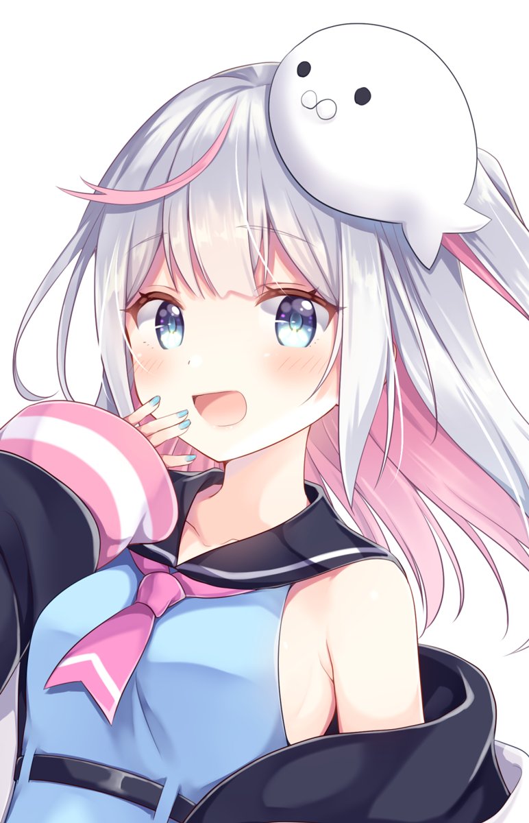 1girl, :d, ahoge, armpit_crease, bare_shoulders, belt, blue_dress, blue_eyes