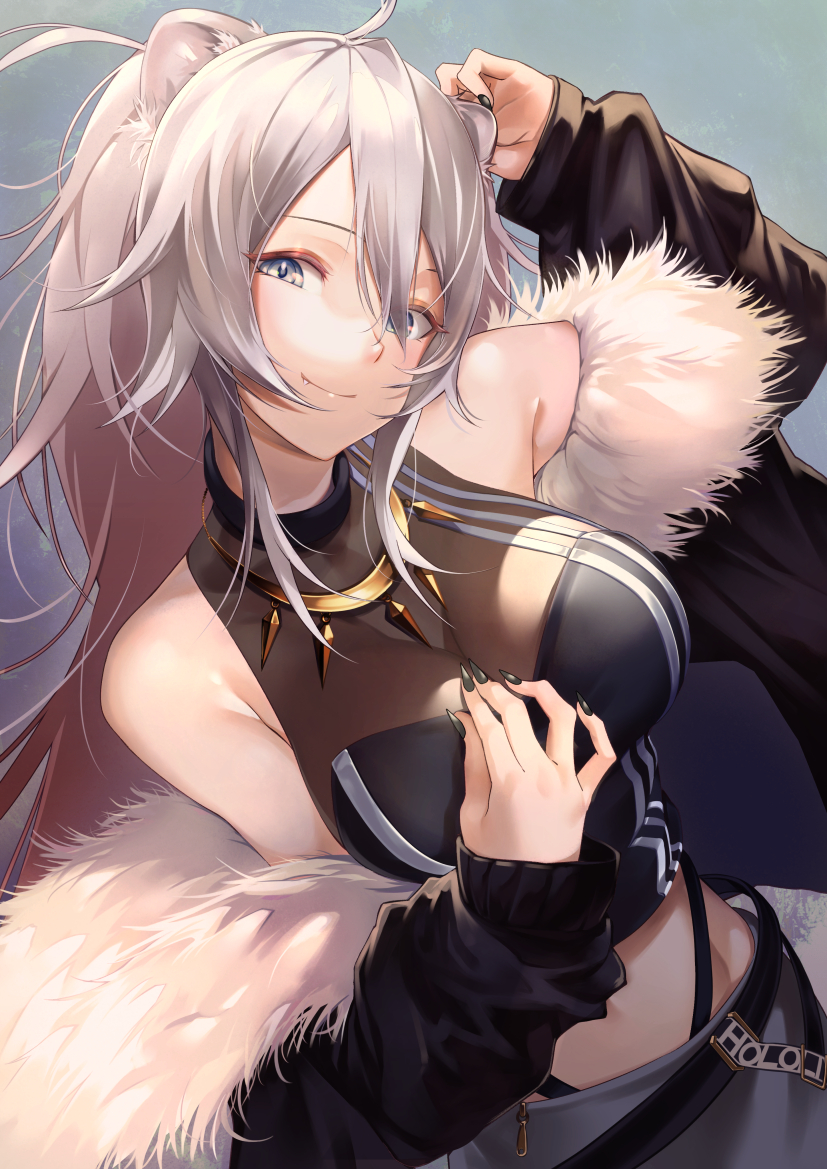 1girl, ahoge, animal_ears, bare_shoulders, belt, black_belt, black_jacket, black_nails