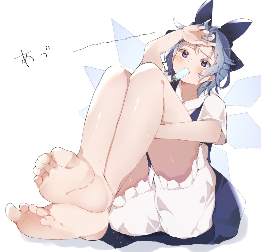 1girl, absurdres, arm_around_leg, bare_legs, barefoot, bloomers, blue_bow, blue_dress, blue_eyes, blue_hair, blush, bow, cirno, collarbone, collared_shirt, dress, feet, food, gominami, hair_bow, highres, hot, ice, ice_wings, knees_up, popsicle, shirt, short_hair, short_sleeves, simple_background, sitting, soles, solo, sweatdrop, thighs, toes, touhou, underwear, white_background, white_shirt, wings