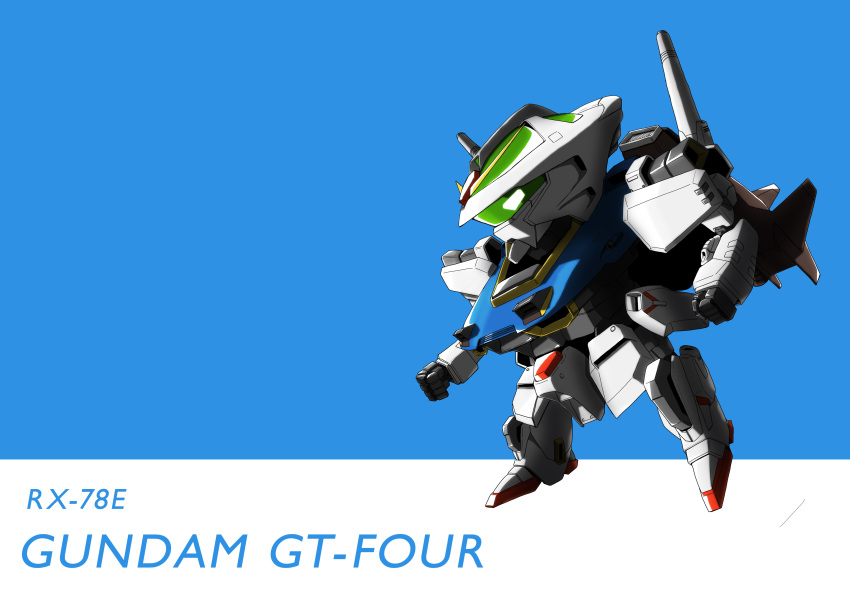 absurdres, character_name, chibi, clenched_hands, glowing, glowing_eye, gundam, gundam_gt-four, gundam_ms_generation, highres, kaiten_(rotor_wind), mecha, no_humans, solo, v-fin, visor, white_eyes