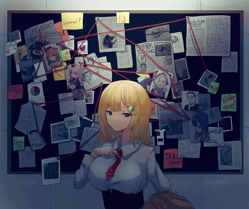 1girl, bird, blonde_hair, blue_eyes, breasts, bulletin_board, crane_(animal), english_text, gawr_gura, h_p_lovecraft, highres, hololive, hololive_english, holomyth, large_breasts, long_hair, monocle_hair_ornament, mori_calliope, necktie, ninomae_ina'nis, phoenix, photo_(object), shark, solo, subaru_duck, sudachi-udon, takanashi_kiara, tentacles, virtual_youtuber, watson_amelia, yagoo