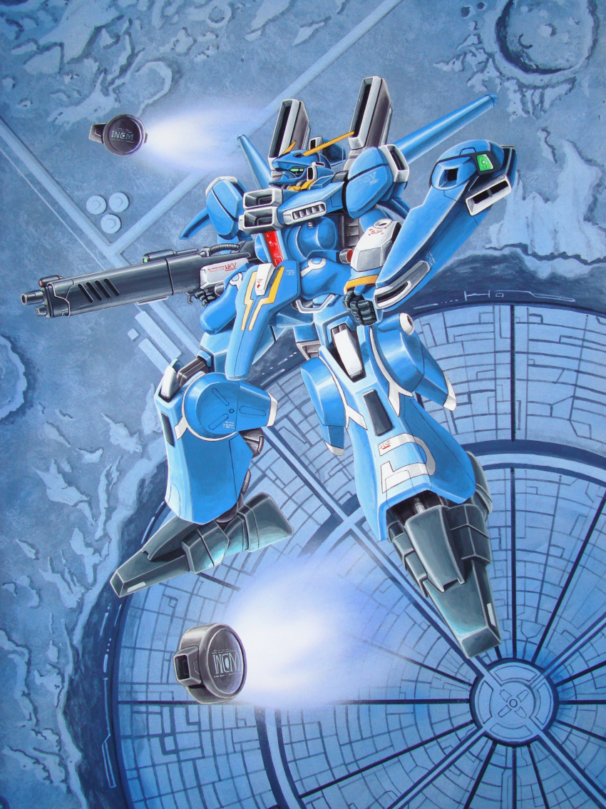 absurdres, clenched_hands, floating, green_eyes, gun, gundam, gundam_mk_v, gundam_sentinel
