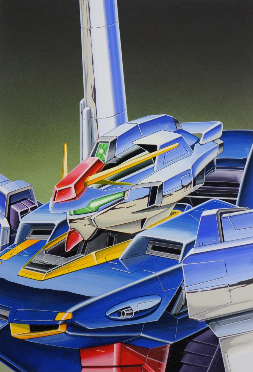 1980s_(style), absurdres, acrylic_paint_(medium), close-up, glowing, glowing_eye, gundam, gundam_gt-four