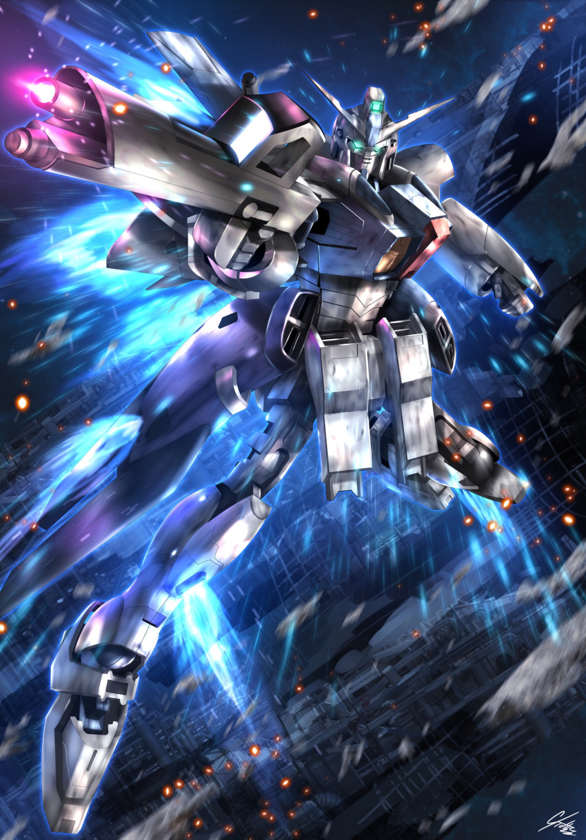 beam_rifle, clenched_hand, energy_gun, firing, g-saviour_gundam, glowing, glowing_eyes, green_eyes