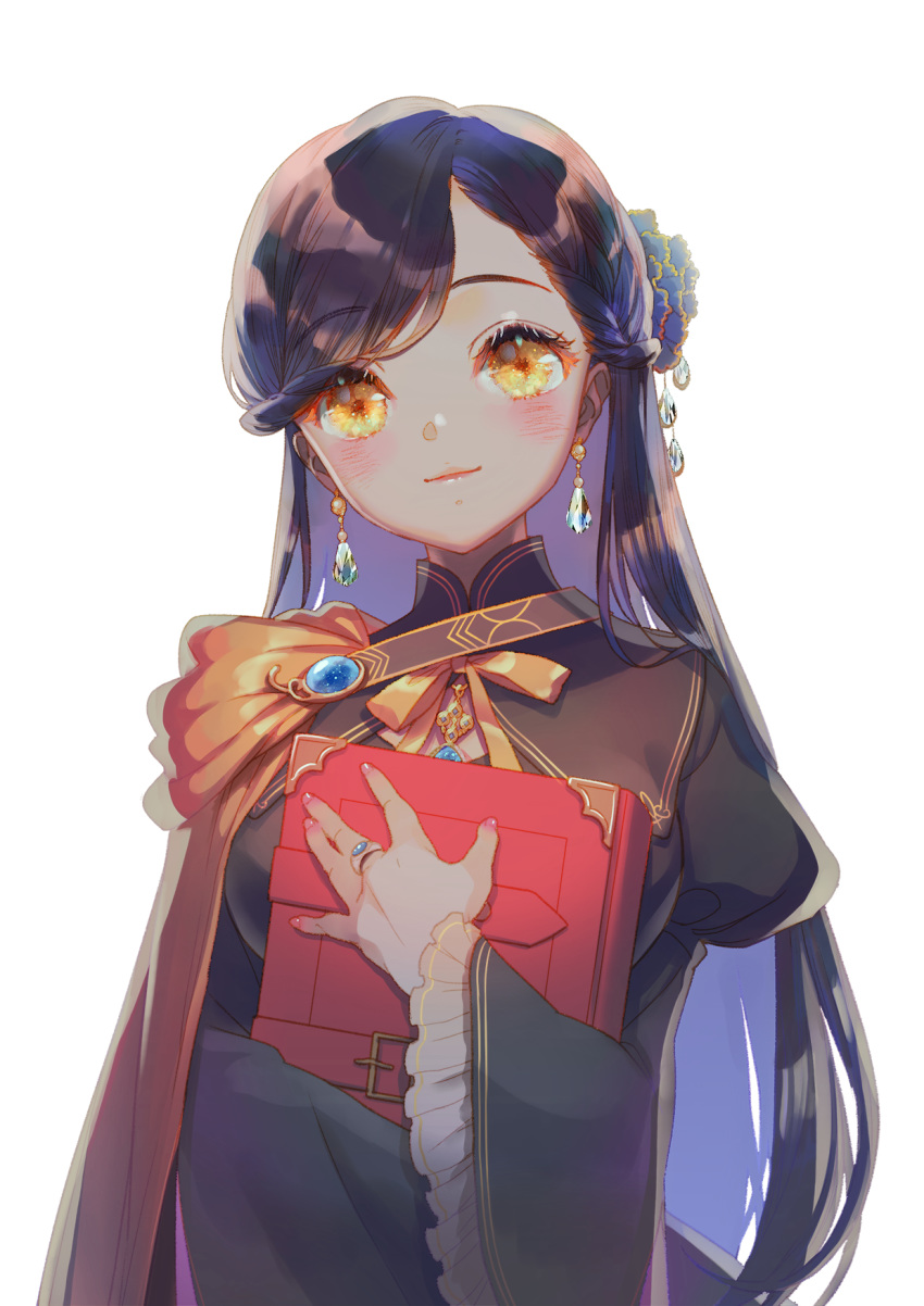1girl, bangs, black_dress, blue_hair, blush, book, braid, breasts