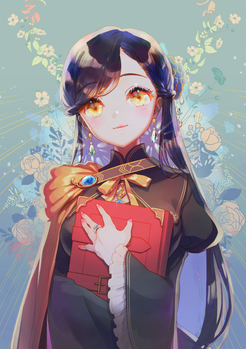 1girl, aqua_background, bangs, black_dress, blue_hair, blush, book, braid