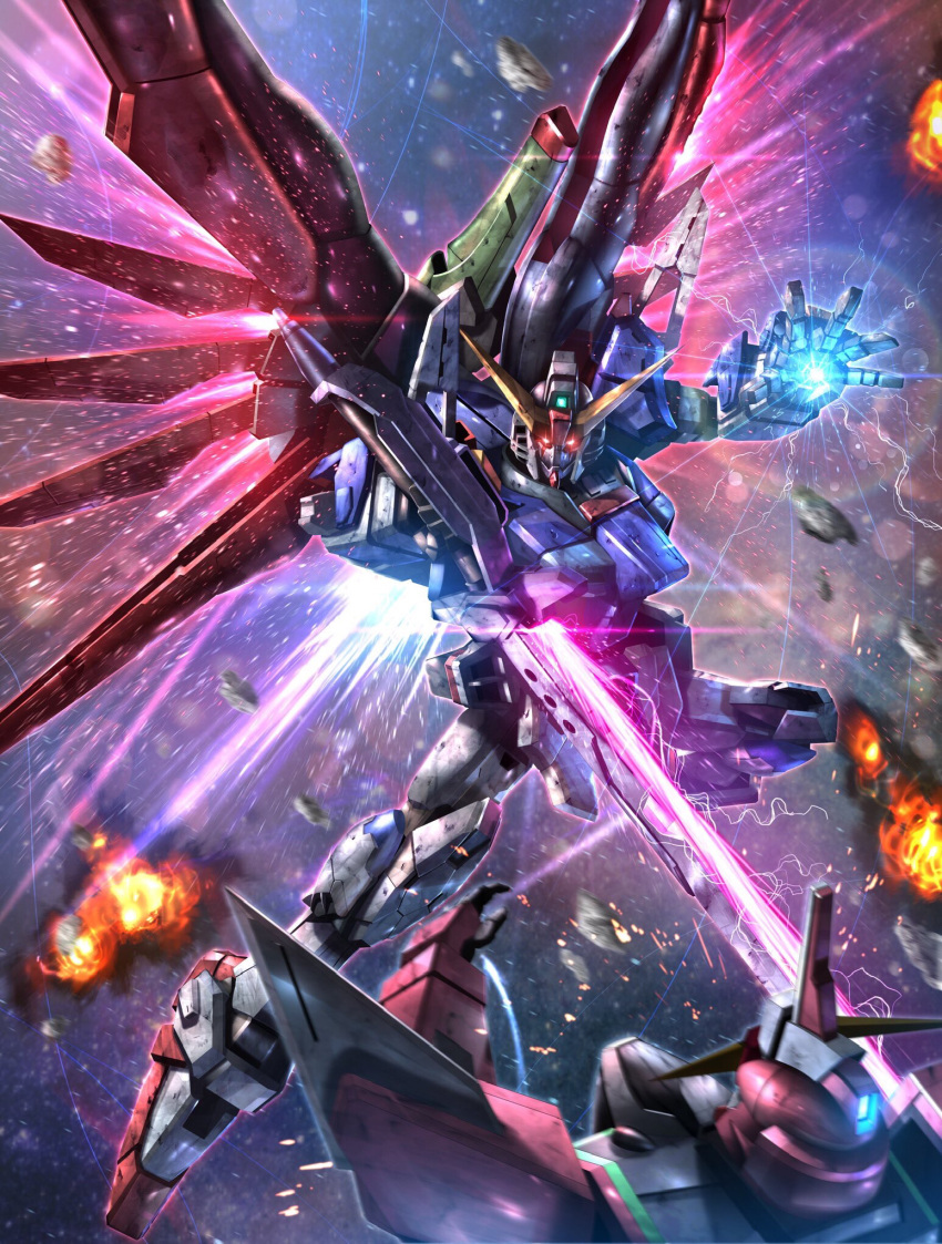 destiny_gundam, energy_wings, flying, glowing, glowing_eyes, glowing_hand, gundam, gundam_seed