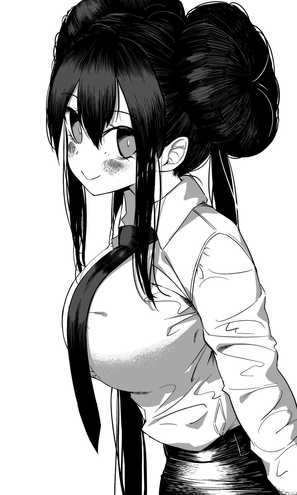 1girl, bangs, blush, breasts, collared_shirt, double_bun, greyscale, hair_between_eyes
