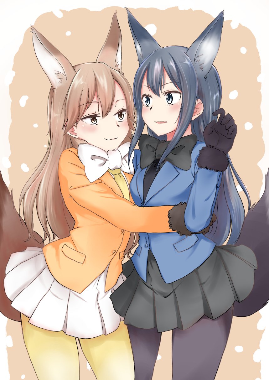 2girls, animal_ears, arashio_(kantai_collection), asashio_(kantai_collection), blush, breasts, cosplay, ezo_red_fox_(kemono_friends)
