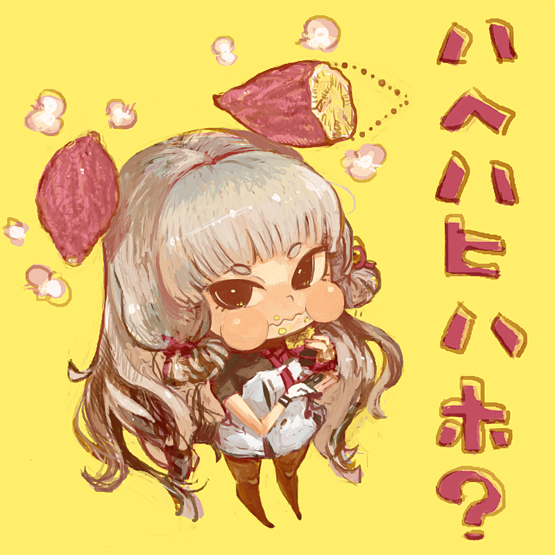 1girl, alternate_headgear, chibi, eating, floating_headgear, food, food_on_face, fujinozu, kantai_collection, long_hair, murakumo_(kantai_collection), puffy_cheeks, remodel_(kantai_collection), short_eyebrows, silver_hair, solo, sweet_potato, thick_eyebrows, very_long_hair, wavy_mouth