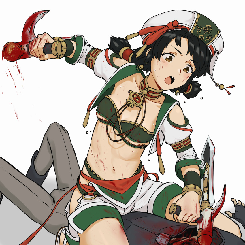 1boy, 1girl, absurdres, bangs, black_hair, blood, blood_on_face, bloody_weapon