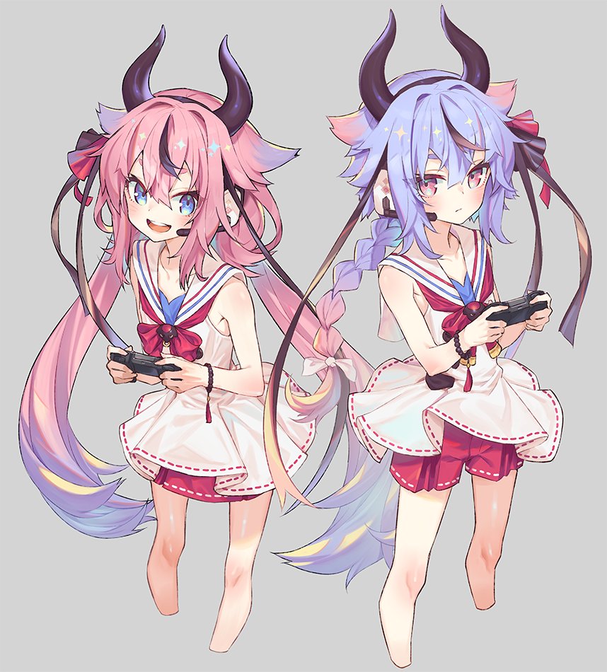 2others, bangs, bare_shoulders, blue_eyes, blue_hair, braid, collar, commentary, cropped_legs, dress, expressionless, feet_out_of_frame, gradient_hair, grey_background, gynoid_talk, hair_between_eyes, hair_flaps, hair_ribbon, hair_tie, hairband, hakama_pants, hakama_skirt, handheld_game_console, headphones, headset, holding, holding_handheld_game_console, horns, long_hair, looking_at_viewer, meika_hime, meika_mikoto, miniskirt, multicolored_hair, multiple_others, neck_ribbon, open_mouth, pink_eyes, pink_hair, red_neckwear, red_shorts, red_skirt, ribbon, sailor_collar, short_shorts, shorts, skirt, sleeveless, sleeveless_dress, smile, twintails, very_long_hair, vocaloid, white_collar, white_dress, yamamomo_(plank)
