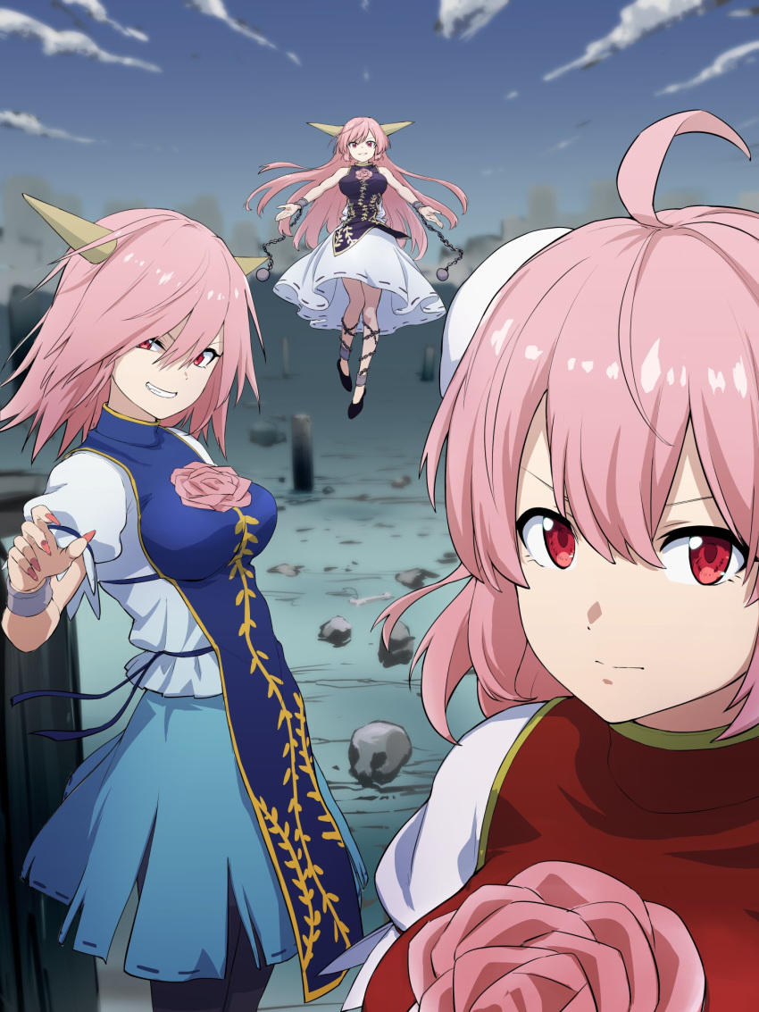 3girls, ahoge, aqua_skirt, ball_and_chain_restraint, bandaged_arm, bandages, bangs, black_footwear