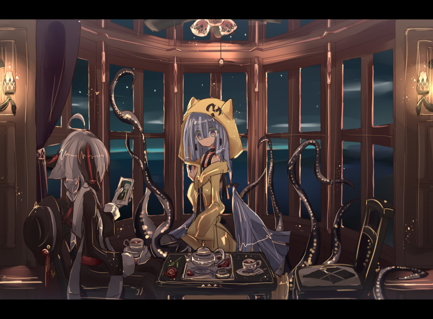 black_headwear, black_pants, candle, chair, cthulhu_mythos, cup, enothela, gloves