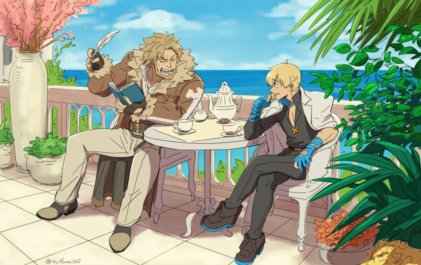 2boys, :d, ahoge, asaya_minoru, bangs, beard, black_footwear, black_gloves, black_pants, black_shirt, blue_gloves, blue_sky, book, boots, brown_hair, brown_jacket, closed_eyes, clouds, crossed_legs, cup, day, eyebrows_visible_through_hair, facial_hair, facing_another, fingerless_gloves, fur-trimmed_sleeves, fur_trim, gloves, green_eyes, grey_pants, guilty_gear, hair_between_eyes, holding, holding_book, horizon, jacket, jacket_on_shoulders, ky_kiske, leo_whitefang, long_sleeves, looking_at_another, looking_away, looking_to_the_side, male_focus, multiple_boys, ocean, on_chair, open_book, open_mouth, outdoors, pants, parted_bangs, parted_lips, partly_fingerless_gloves, quill, railing, saucer, shirt, single_sleeve, sitting, sky, smile, teacup, teapot, twitter_username, v-shaped_eyebrows, water, white_jacket