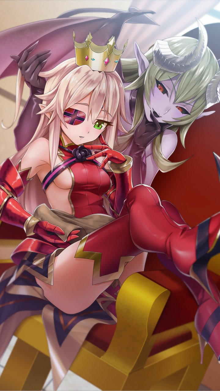 2girls, aldra_(queen's_blade), bangs, bare_shoulders, black_gloves, black_sclera, blonde_hair, boots