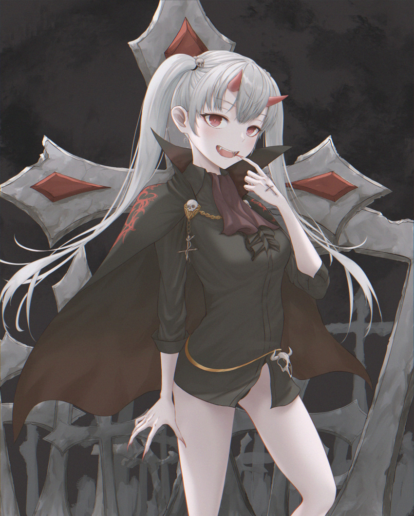 1girl, allta, arm_at_side, ascot, bangs, black_cape, black_neckwear, black_shirt