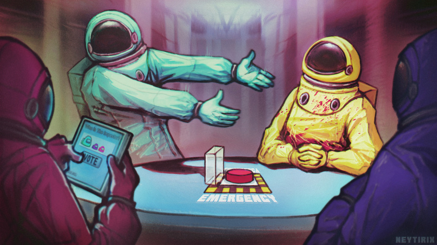 4others, among_us, astronaut, blood, blood_stain, crewmate_(among_us), english_text, faceless