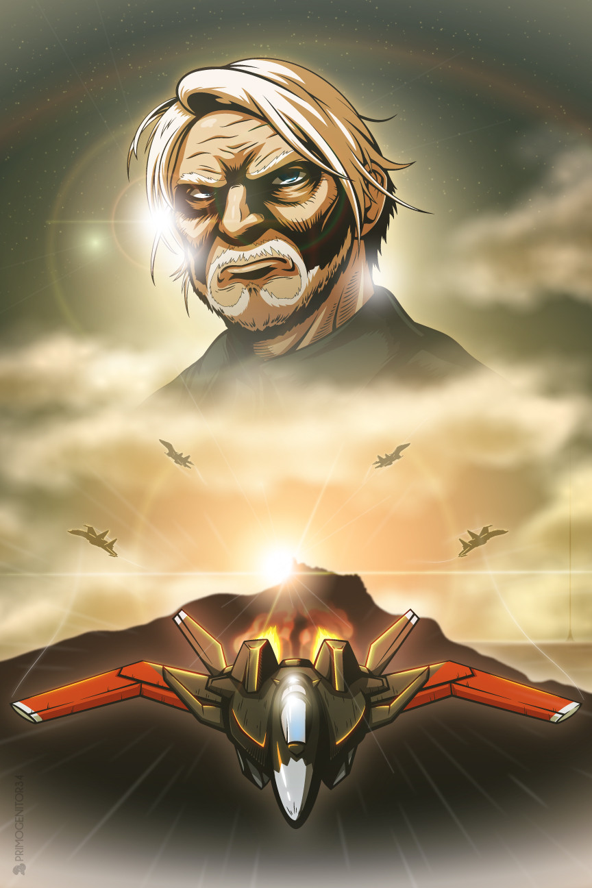 1boy, ace_combat, ace_combat_7, aircraft, airplane, beard, blue_eyes, clouds