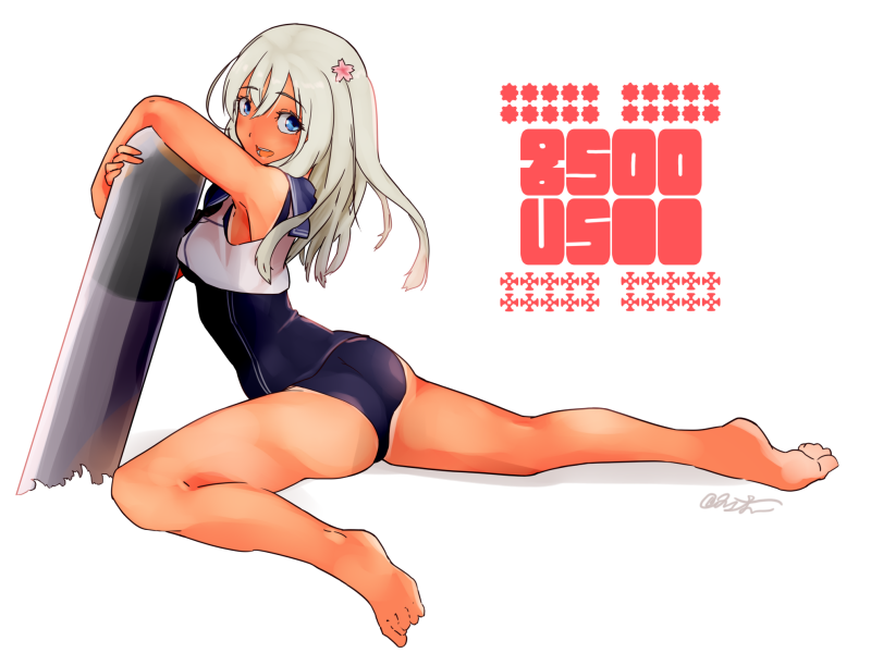 1girl, ass, black_sailor_collar, black_swimsuit, blonde_hair, blue_eyes, character_name, commentary_request