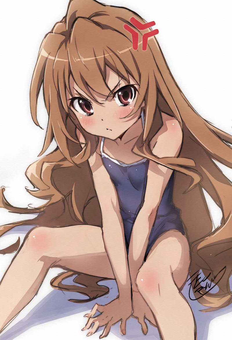1girl, aisaka_taiga, anger_vein, blue_swimsuit, brown_eyes, brown_hair, commentary_request, competition_school_swimsuit