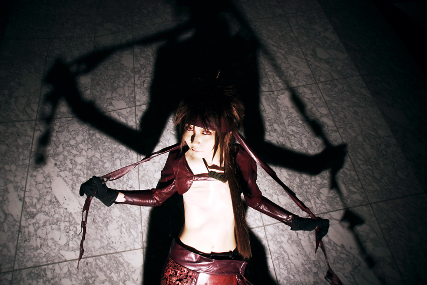 boob_tape, cosplay, houtou_singi_(model), photo, sengoku_basara, spears, torn_clothes, yukimura_sanada