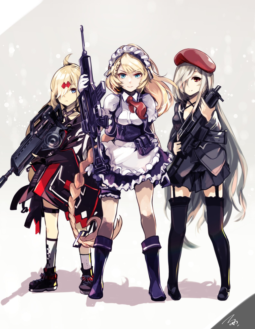 3girls, apron, assault_rifle, beret, blonde_hair, blue_eyes, boots, drum_magazine