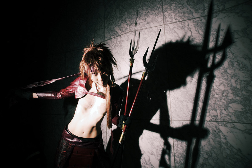 boob_tape, cosplay, houtou_singi_(model), photo, sengoku_basara, spears, torn_clothes, yukimura_sanada
