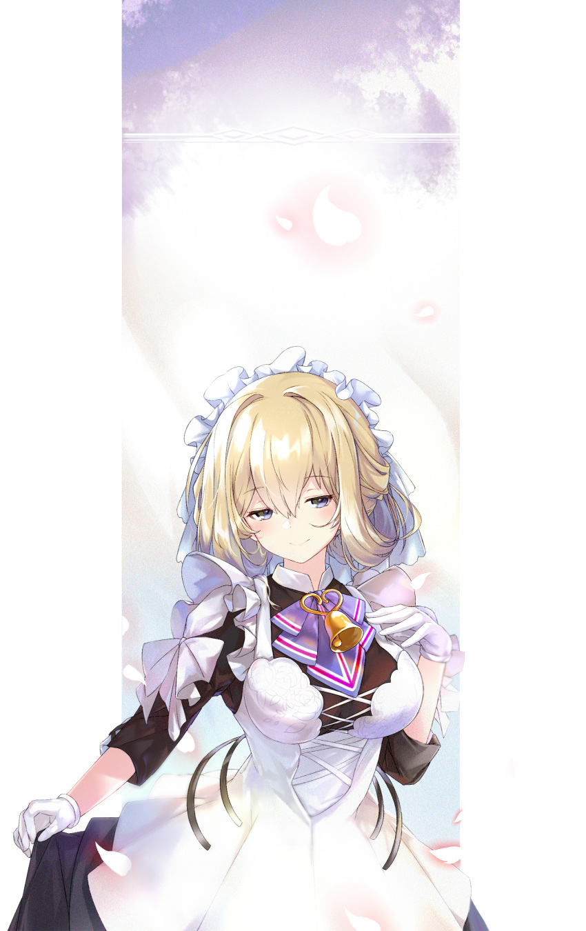 1girl, absurdres, apron, black_dress, blonde_hair, blue_neckwear, dress, gloves