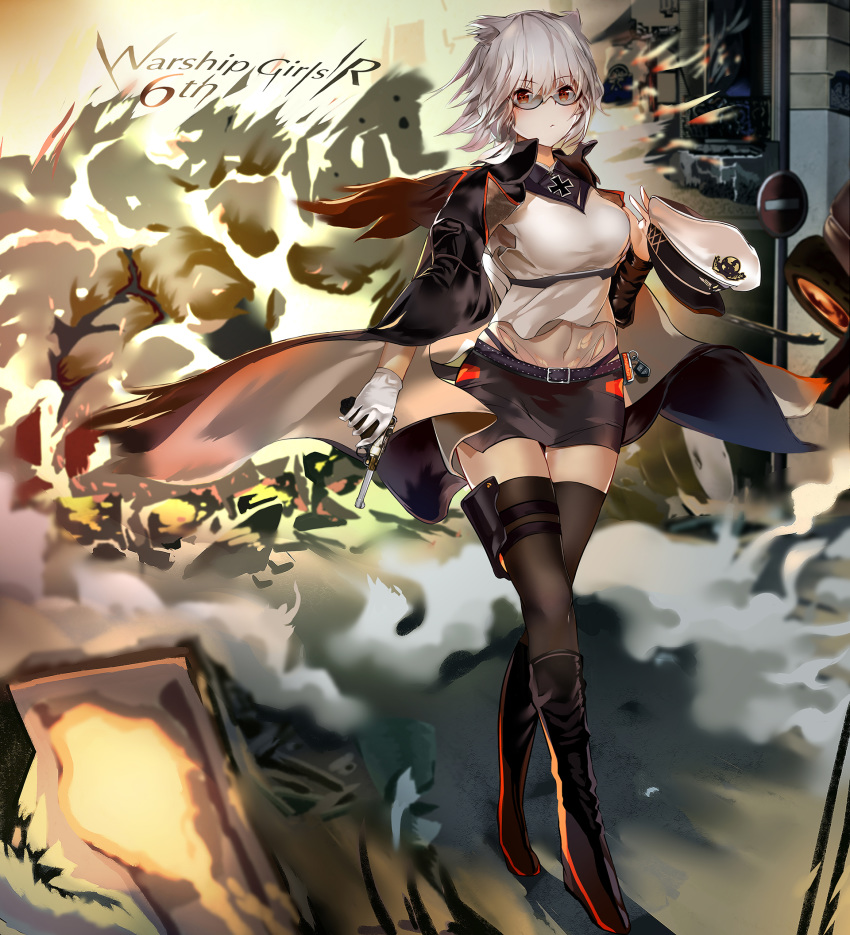 1girl, belt, bismarck_(warship_girls_r), black_belt, black_cape, black_footwear, black_legwear, black_skirt