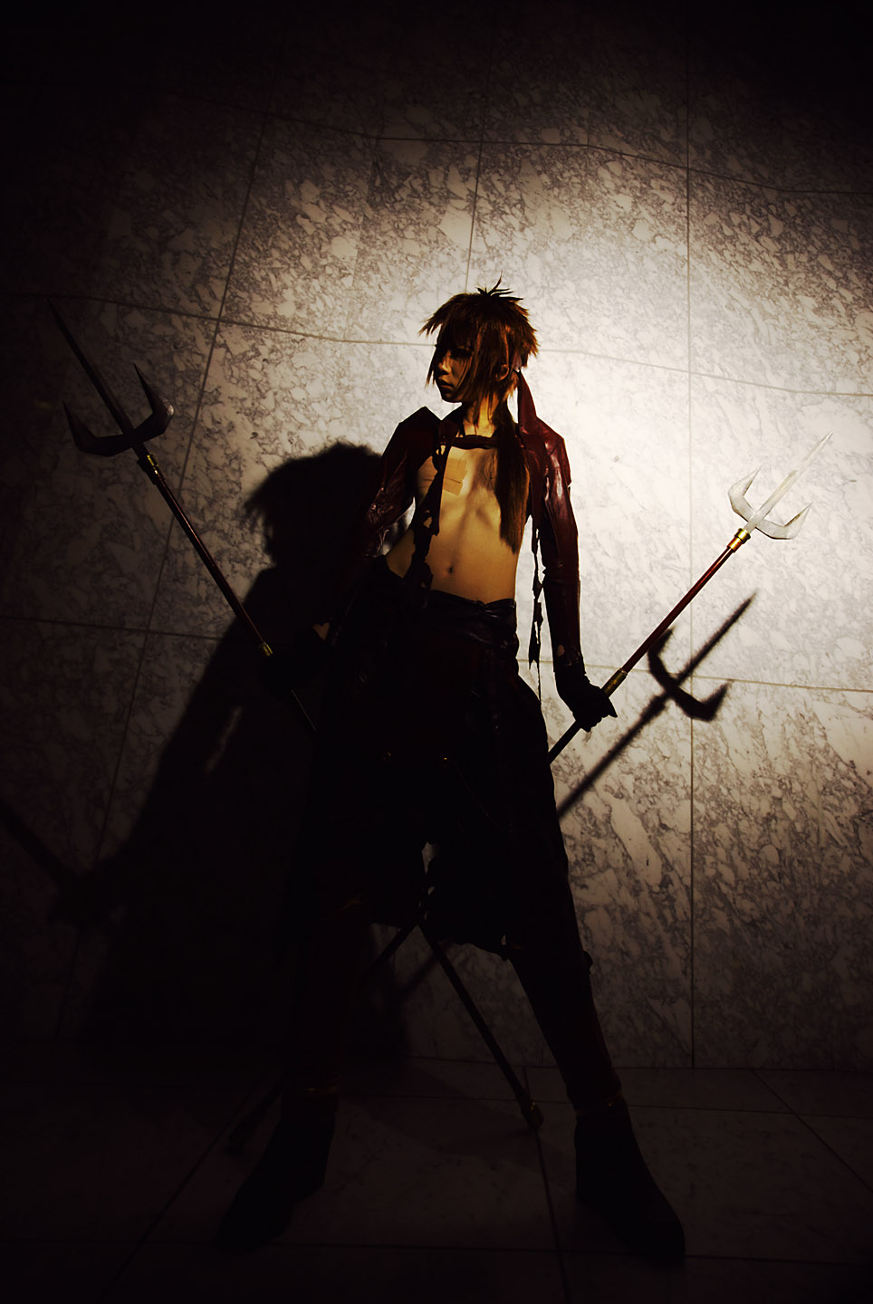 boob_tape, cosplay, houtou_singi_(model), photo, sengoku_basara, spears, torn_clothes, yukimura_sanada