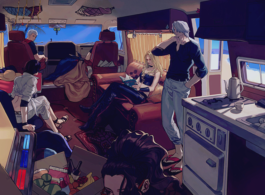 3boys, 3girls, arm_up, bag, banana, belt, black_belt, black_pants
