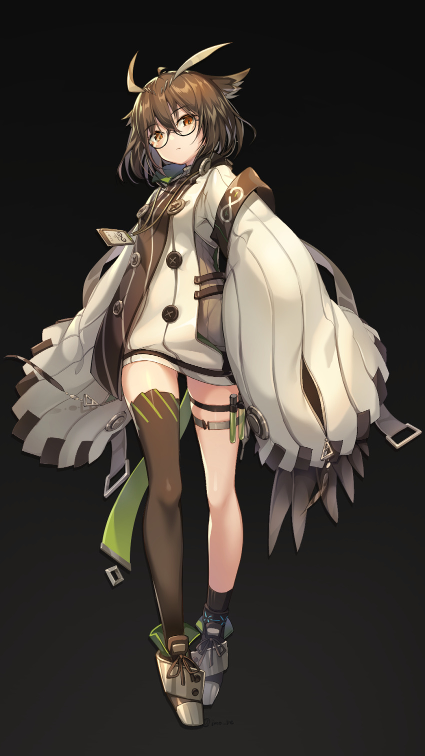 1girl, arknights, armband, bangs, black_background, black_legwear, brown_eyes, brown_hair
