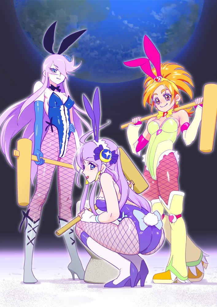 3girls, ahoge, animal_ears, boots, bow, brown_hair, bunny_tail, bunnysuit, cure_bright, cure_moonlight, cure_selene, earth, elbow_gloves, fishnet_legwear, fishnets, futari_wa_precure_splash_star, gloves, hair_over_one_eye, heartcatch_precure!, high_heel_boots, high_heels, hyuuga_saki, kaguya_madoka, kine, mallet, moon_rabbit, multiple_girls, muramura_hito, pantyhose, precure, purple_hair, rabbit_ears, smile, squatting, star_twinkle_precure, tail, tsukikage_yuri