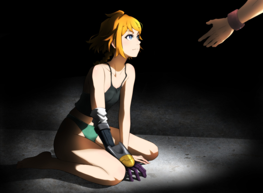 1boy, 1girl, bare_shoulders, blue_eyes, braid, cyborg, dark, decadence_(anime)
