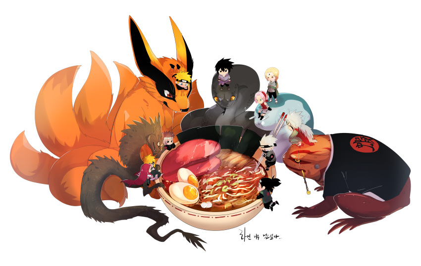 3girls, 6+boys, architecture, black_eyes, black_hair, blonde_hair, blue_eyes, bowl, brown_hair, carrying, chopsticks, dress, drooling, east_asian_architecture, egg, food, forehead_protector, fox, gloves, green_eyes, haruno_sakura, hatake_kakashi, headband, highres, holding_person, husband_and_wife, jiraiya, kurama_(naruto), long_hair, lying, meat, multiple_boys, multiple_girls, multiple_tails, naruto, naruto_(series), naruto_shippuuden, noodles, on_stomach, pink_hair, ponytail, princess_carry, ramen, red_eyes, redhead, rotka, saliva, sandals, simple_background, sitting, slug, snake, spiky_hair, standing, tail, toad_(animal), tsunade, uchiha_sasuke, uzumaki_kushina, uzumaki_naruto, vest, white_background, white_hair