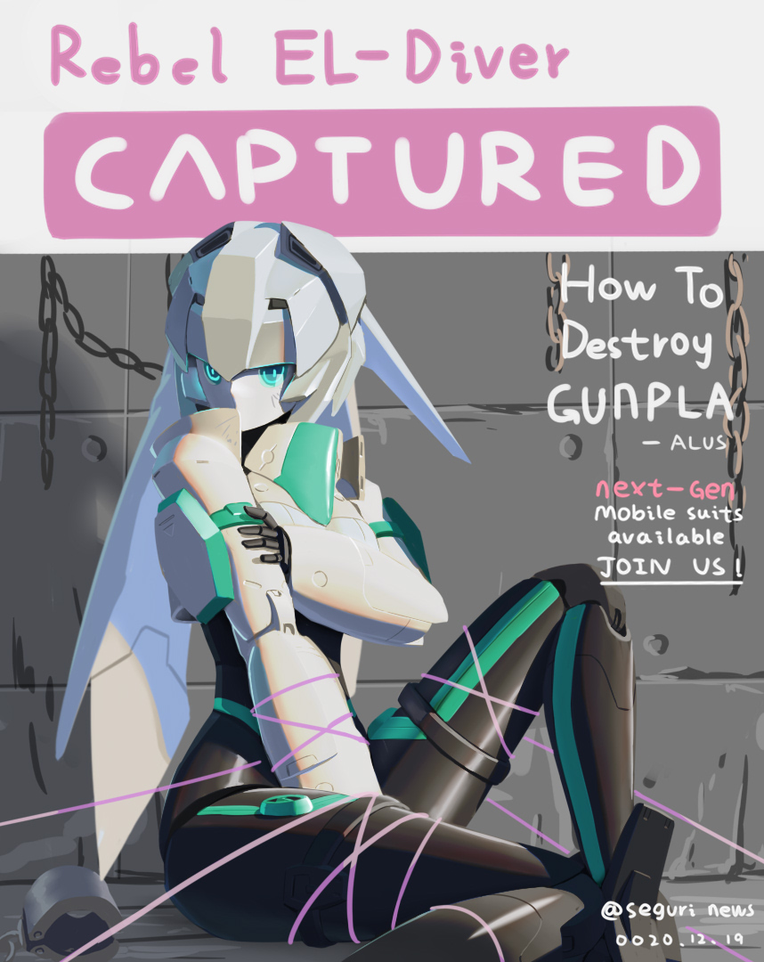 1girl, aqua_eyes, bound, chain, cover, english_commentary, english_text, fake_magazine_cover