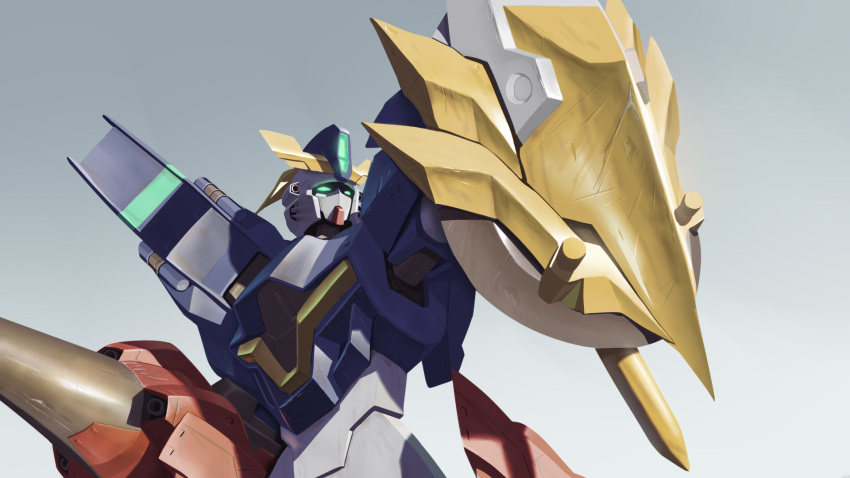 english_commentary, glowing, glowing_eyes, gradient, gradient_background, green_eyes, gundam, gundam_aegis_knight, gundam_build_divers, gundam_build_divers_re:rise, highres, holding, holding_lance, holding_polearm, holding_shield, holding_weapon, lance, looking_up, mecha, myjet, no_humans, polearm, science_fiction, shield, solo, v-fin, weapon