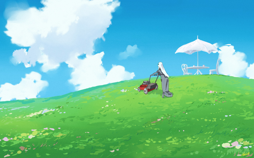 blue_sky, chair, clouds, dress, echidna_(re:zero), grass, highres, lawnmower, outdoors, re:zero_kara_hajimeru_isekai_seikatsu, ryusei_hashida, scenery, sky, table, umbrella, white_hair