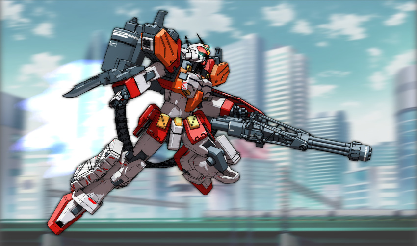 3d, flying, from_side, gatling_gun, glowing, glowing_eye, green_eyes, gun, gundam, gundam_heavyarms, gundam_wing, highres, holding, holding_gun, holding_weapon, maya_(medium), mecha, motion_lines, no_humans, roko_(project_1104), solo, v-fin, weapon
