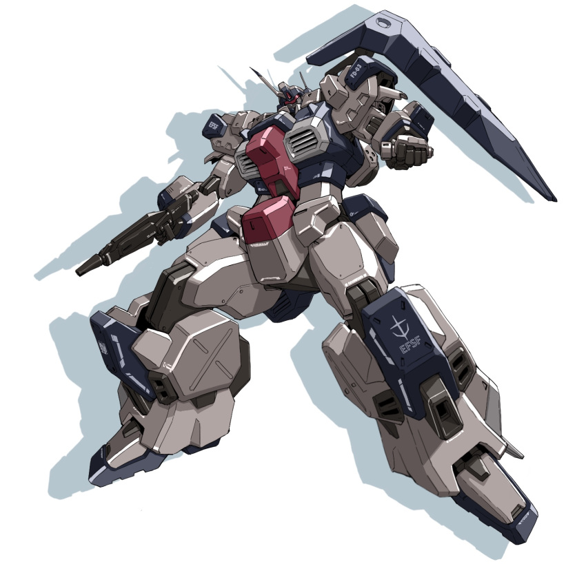 beam_saber, floating, gun, gundam, gundam_unicorn, gustav_karl, highres, holding, holding_gun, holding_weapon, looking_down, making-of_available, mecha, no_humans, roko_(project_1104), shadow, solo, visor, weapon, white_background