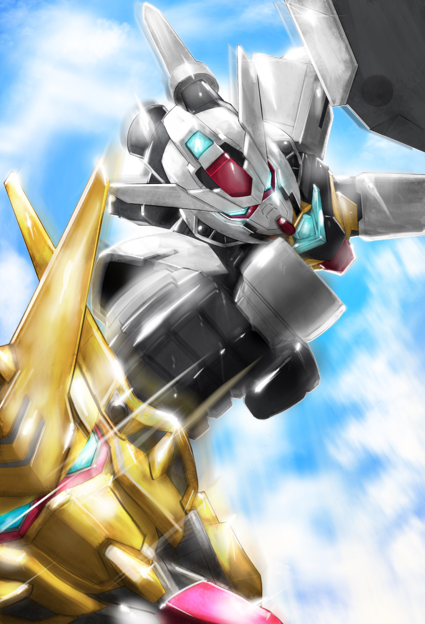 495032158, absurdres, akatsuki_gundam, beam_saber, blue_eyes, clenched_hand, close-up, core_gundam