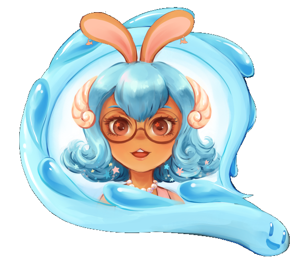 1girl, animal_ears, blue_hair, cucumber_quest, eel, face, glasses, liquus, princess_nautilus, rabbit, rabbit_ears