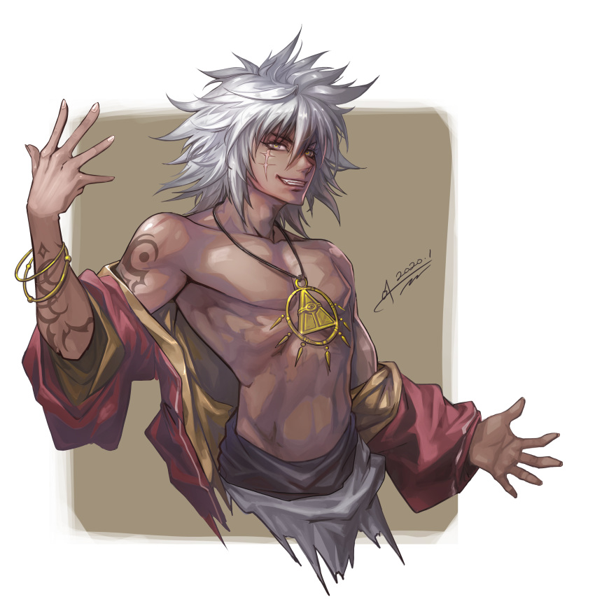 1boy, abs, absurdres, bracelet, collarbone, dark_skin, dark_skinned_male, dated