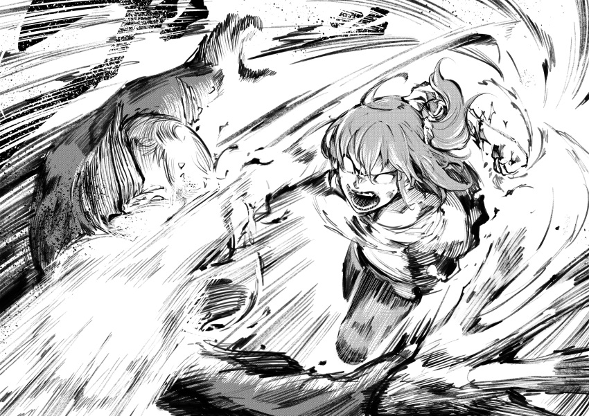 1boy, 1girl, action, ahoge, blank_eyes, clenched_hand, fate/grand_order, fate_(series)