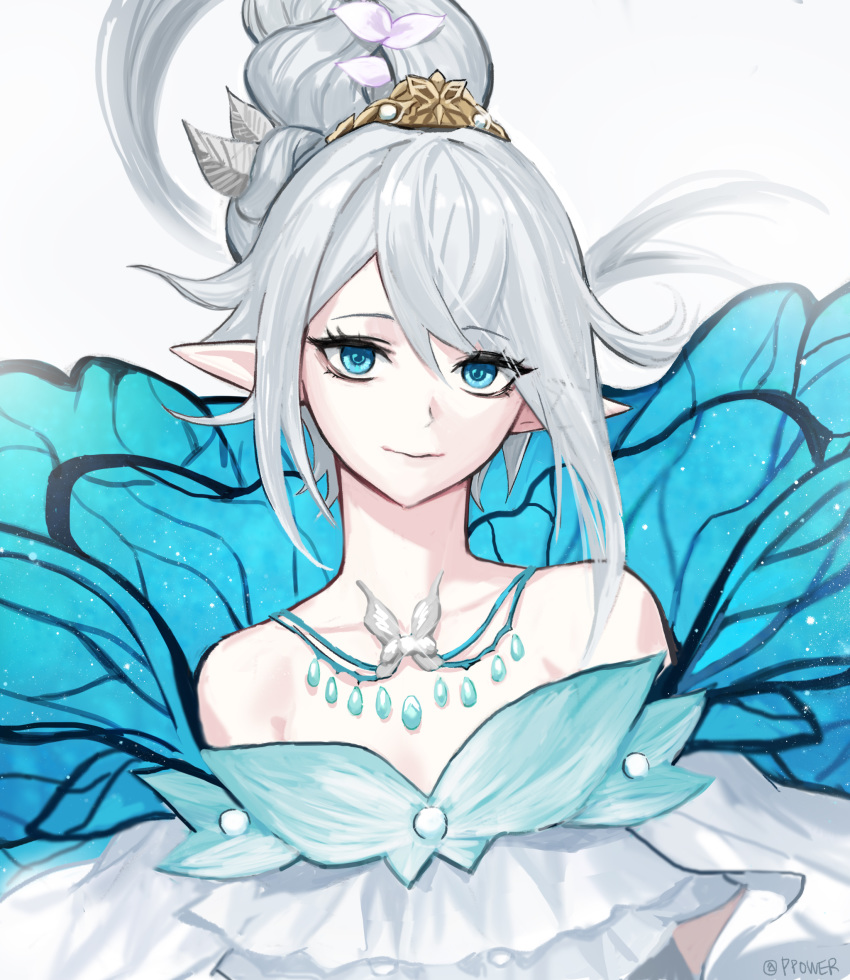 1other, bare_shoulders, blue_eyes, blue_wings, braid, butterfly_wings, closed_mouth, eyebrows_visible_through_hair