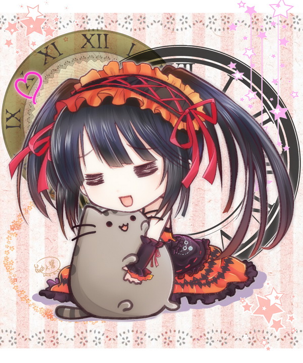 1girl, black_hair, cat, chibi, closed_eyes, commentary_request, crossover, date_a_live, dated, detached_sleeves, dress, hairband, happy, heart, lolita_fashion, lolita_hairband, long_hair, open_mouth, pusheen_the_cat, pusheen_the_cat_(series), roman_numerals, smile, tokisaki_kurumi, twintails, uneven_twintails, youda_(seravichacha)