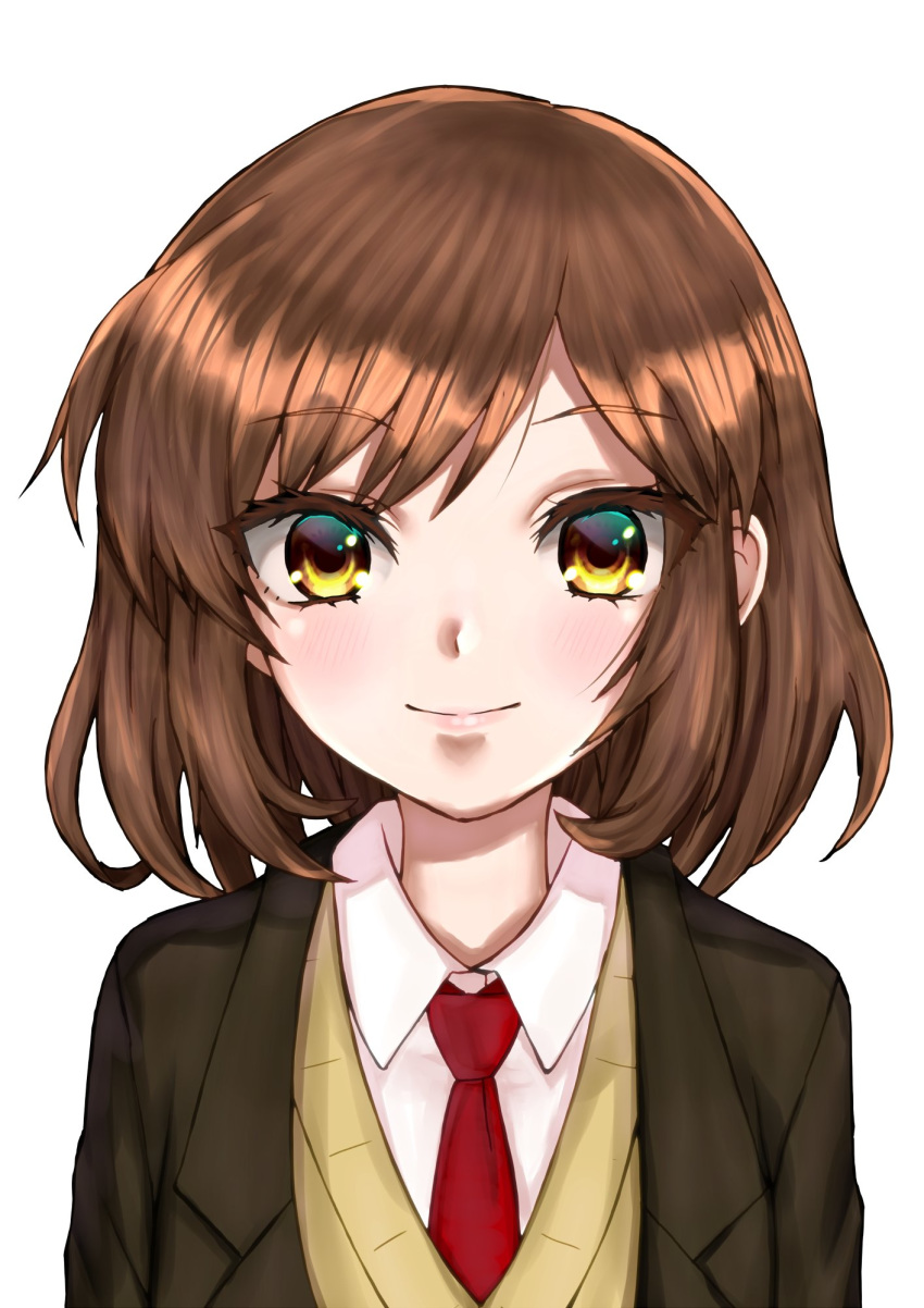 1girl, bangs, bickle_(bickle1983), blazer, blush, brown_eyes, brown_hair, brown_jacket, closed_mouth, eyebrows_visible_through_hair, hair_between_eyes, highres, jacket, looking_at_viewer, necktie, red_neckwear, sasaki_(suzumiya_haruhi), shirt, short_hair, simple_background, smile, solo, suzumiya_haruhi_no_yuuutsu, vest, white_background, white_shirt